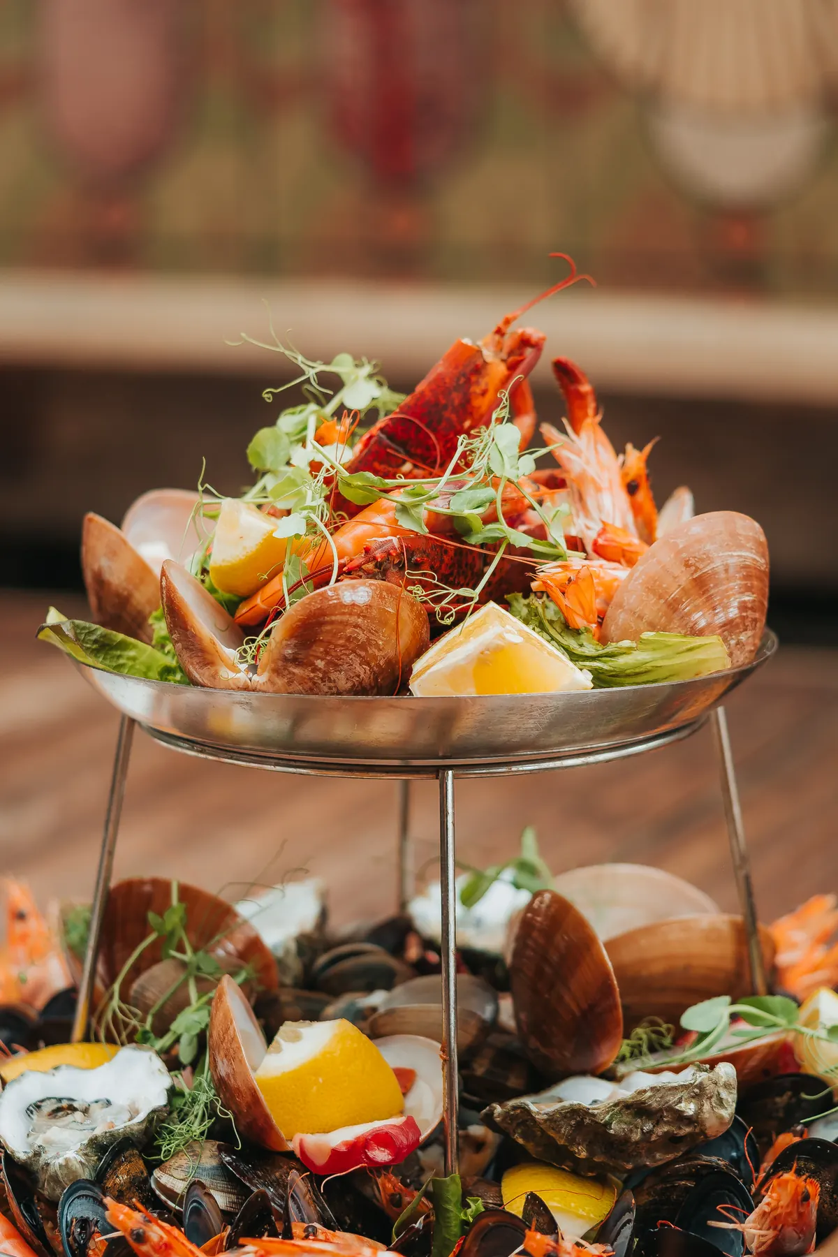 Seafood platter on a stand at a buffet