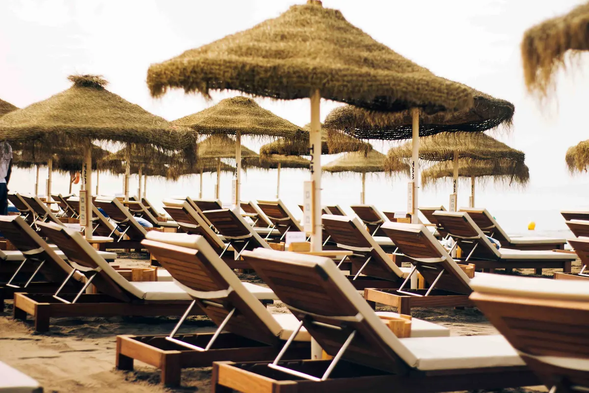 Rows of cushioned sun beds beneath thatched palapa umbrellas